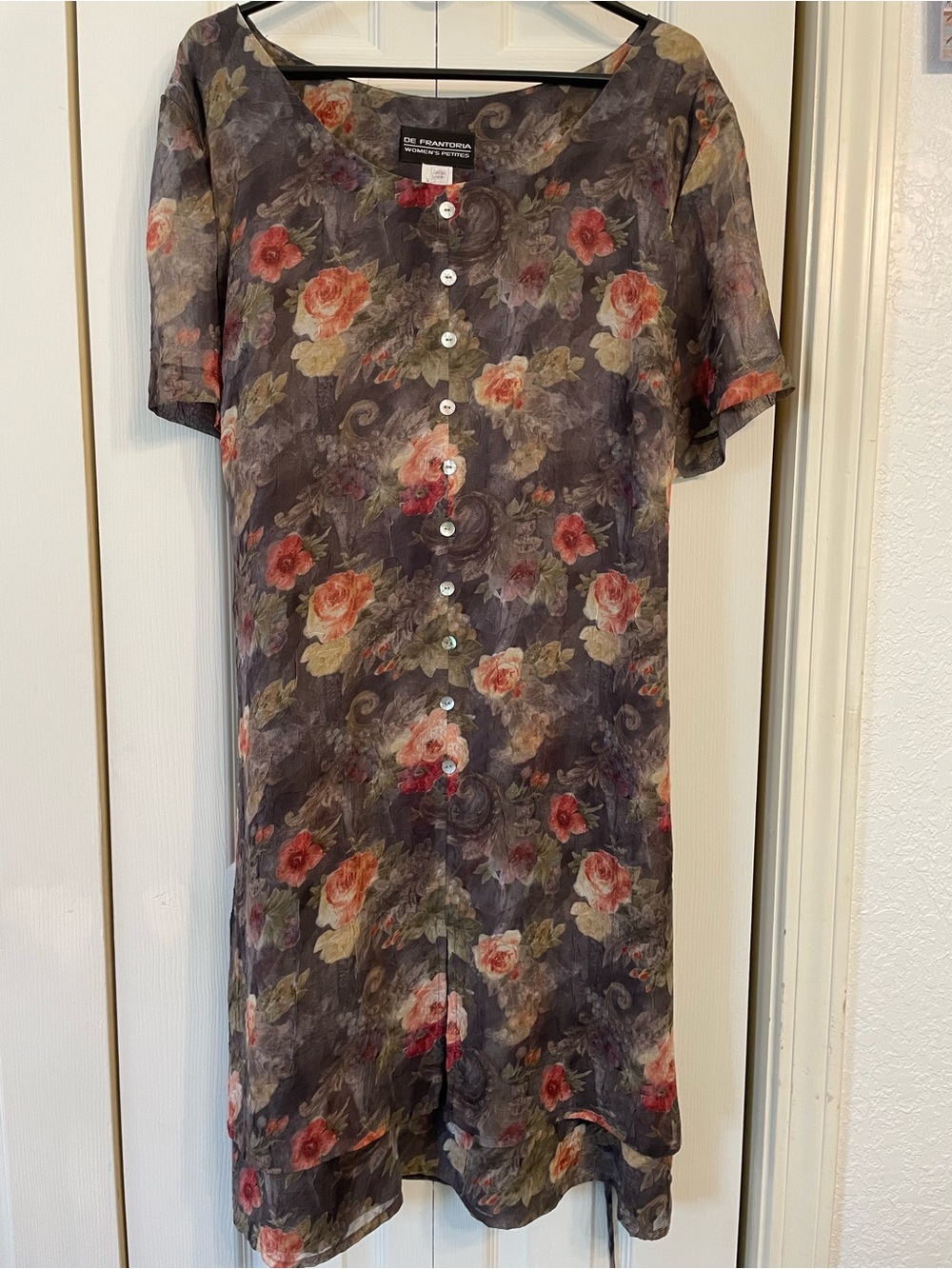 Floral Button-Front Midi Dress in Charcoal Gray with Rose Print